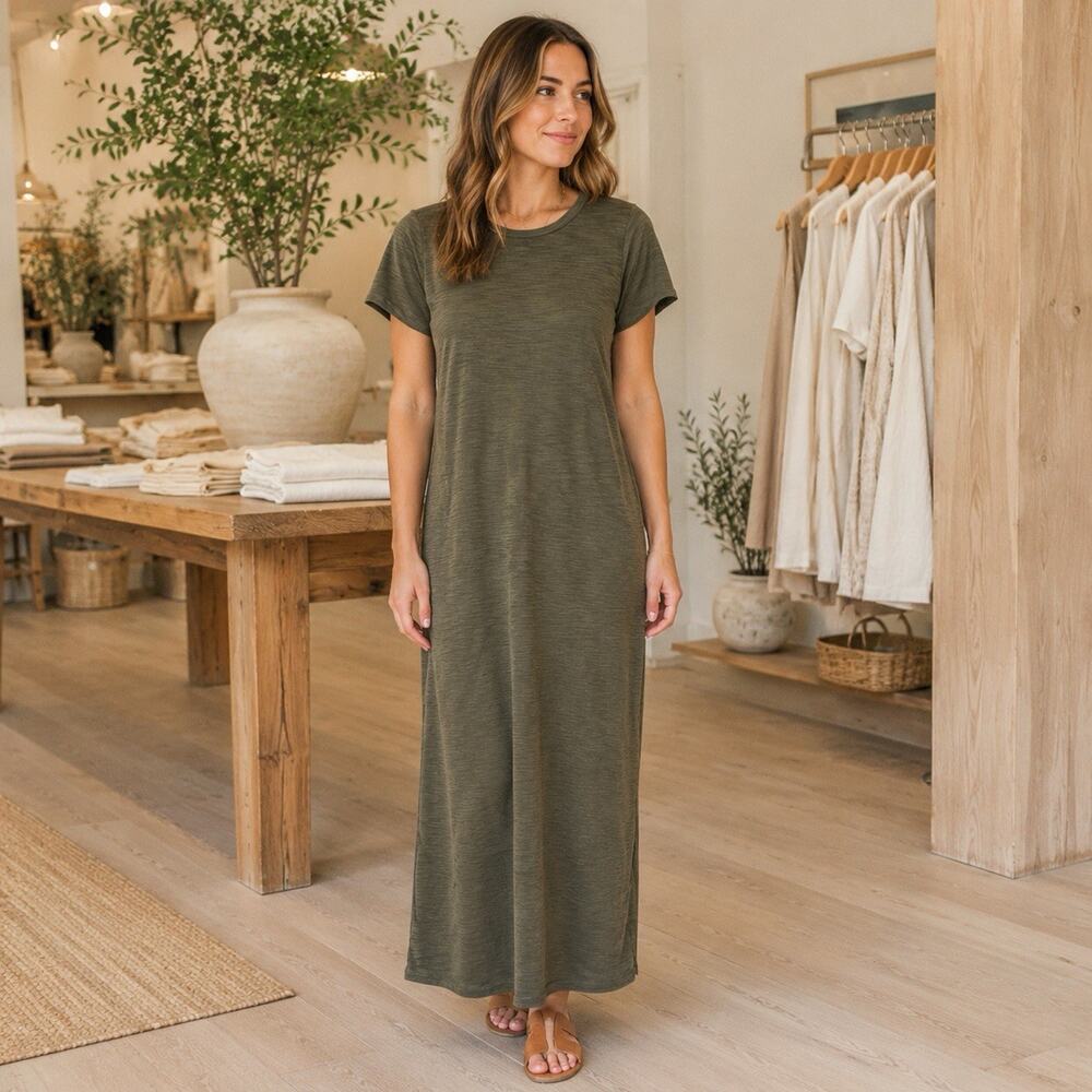 Nicole Miller Dress Womens S Green Modal Ribbed Knit Midi Pocket EUC